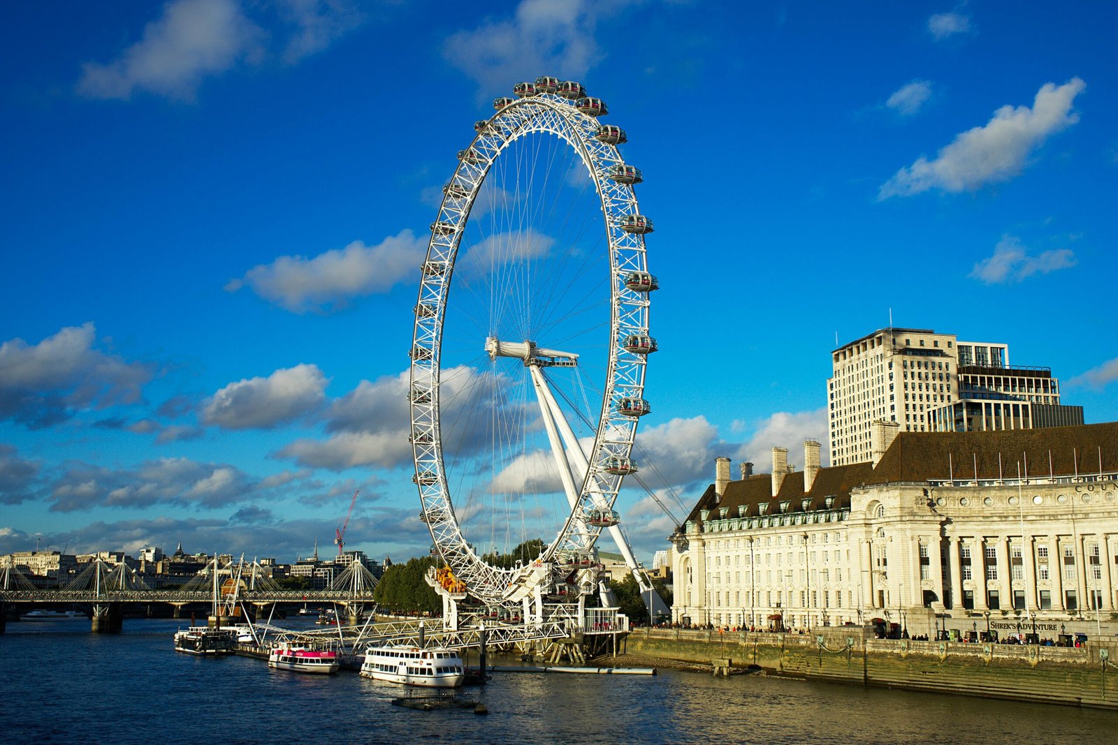 Stunning daytime view of the London Eye and River Thames with vibrant blue skies.