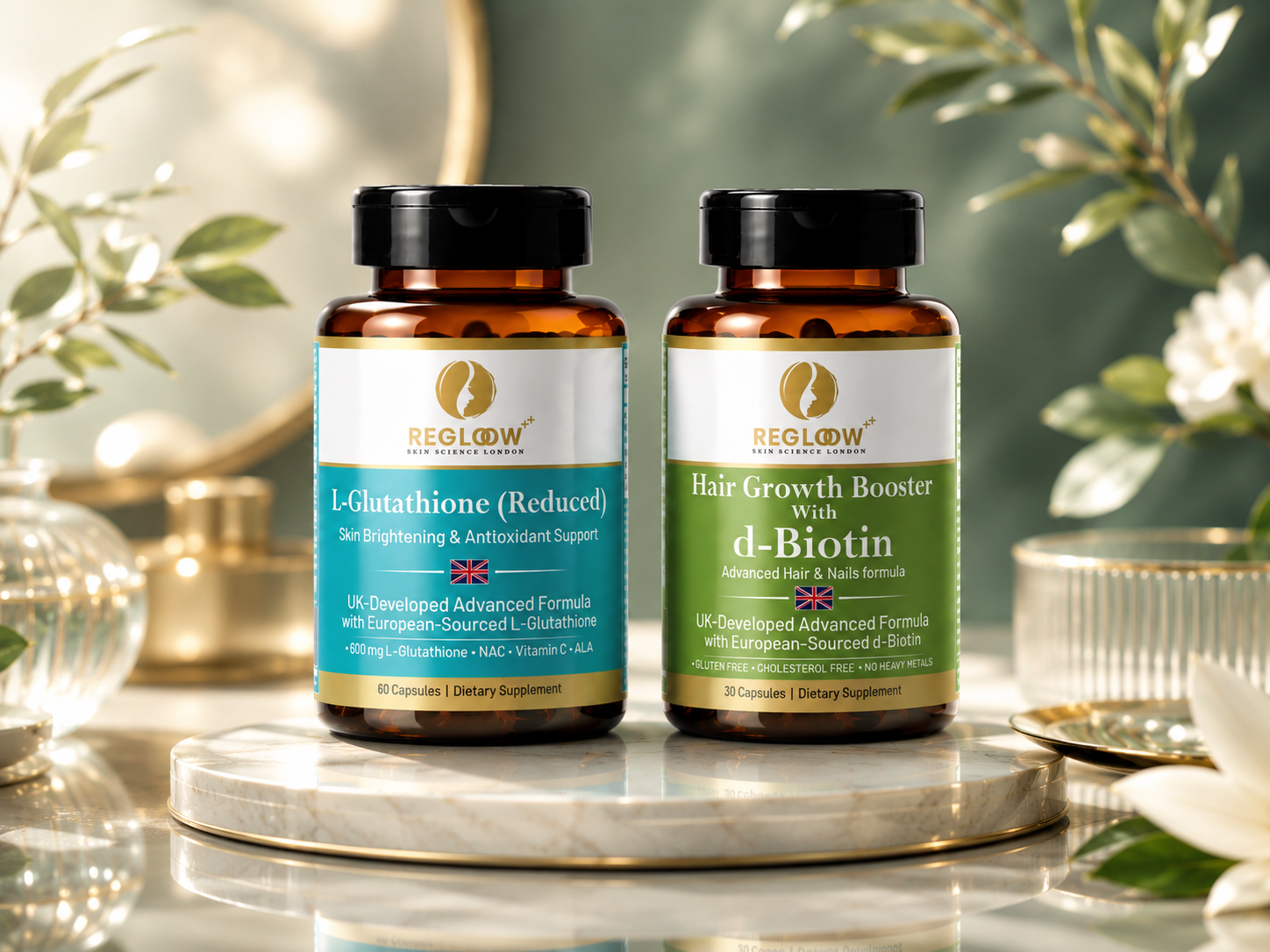 Regloow Reduced L-Glutathione and Hair Growth Booster with d-Biotin